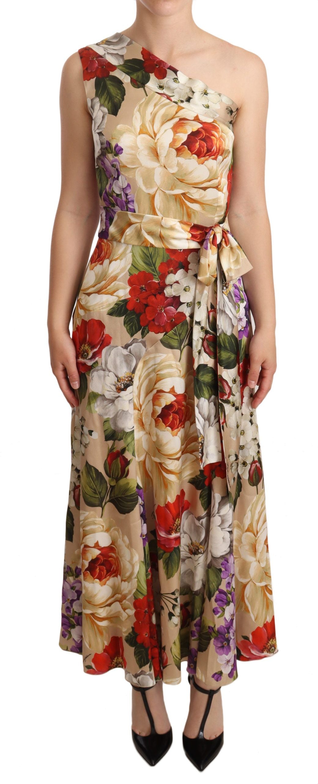 Beige One Shoulder Floral Mid Length Dress