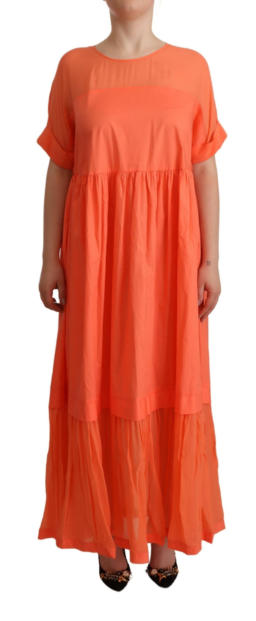Elegant Coral Maxi Dress with Short Sleeves