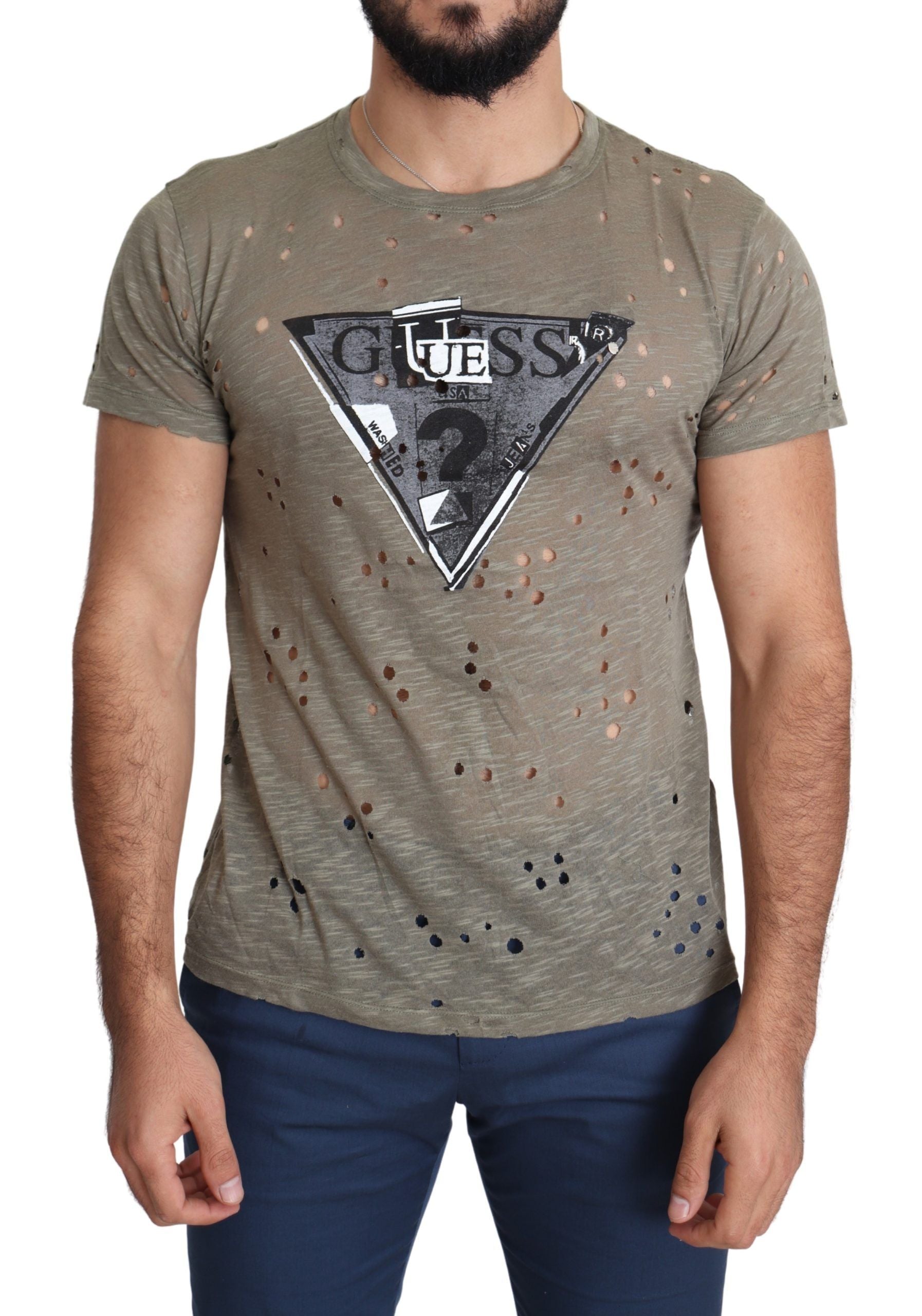 Brown Cotton Stretch Logo Print Men Casual Perforated T-shirt
