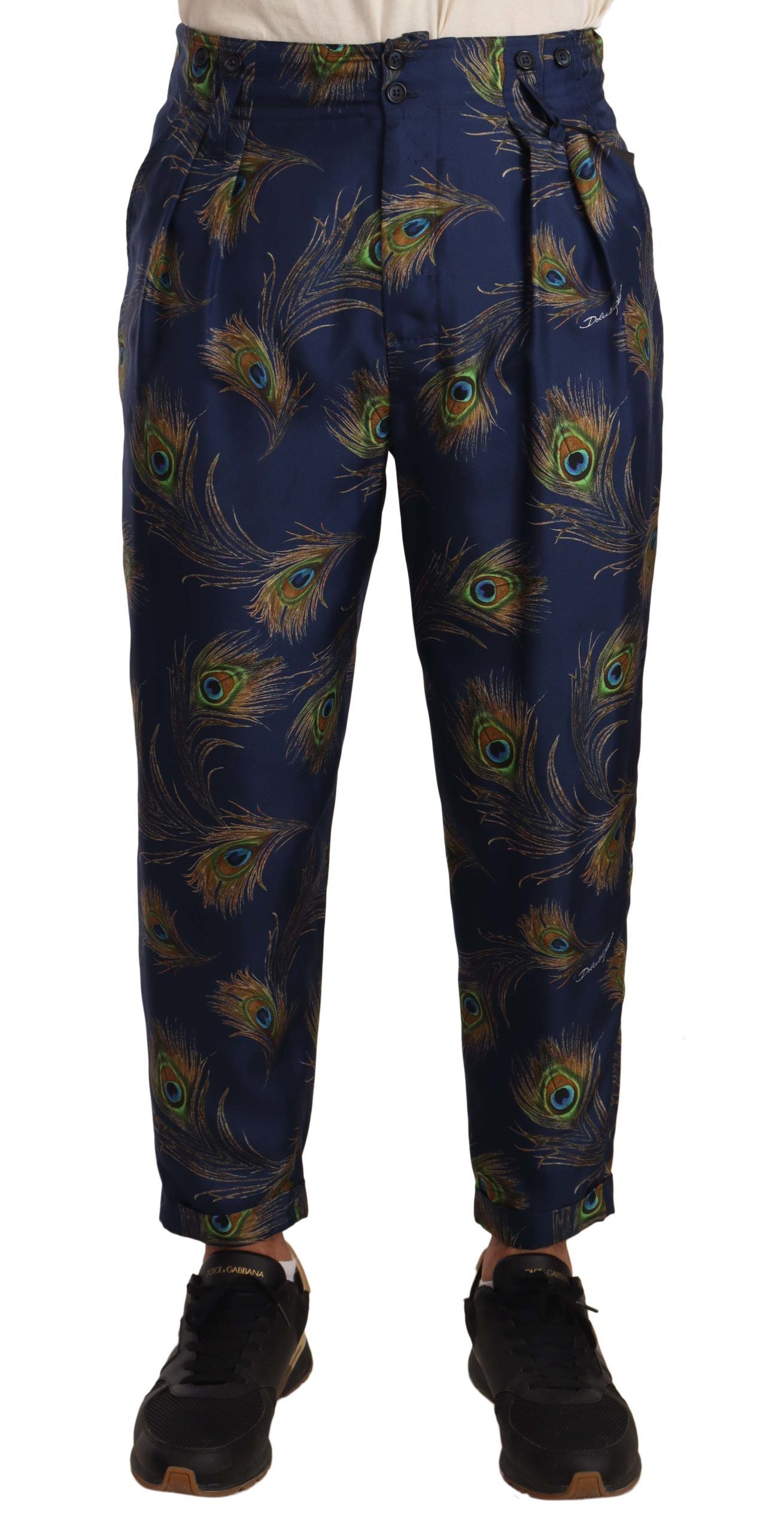 Exquisite Peacock Print Silk Trousers