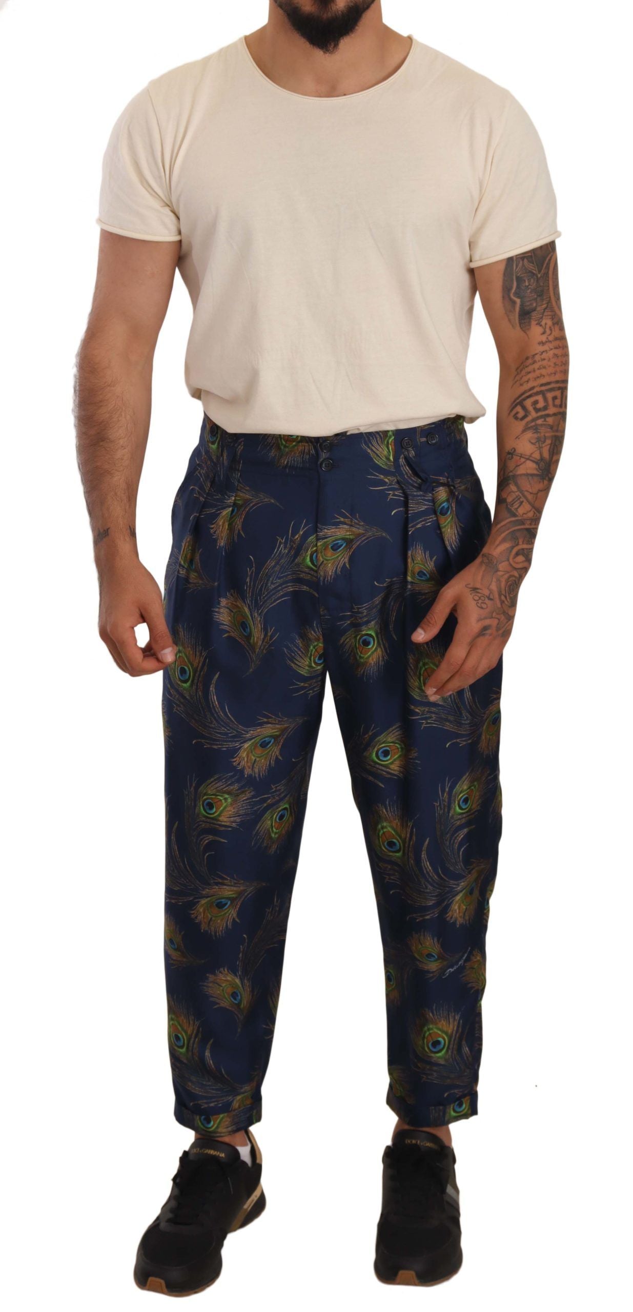 Exquisite Peacock Print Silk Trousers