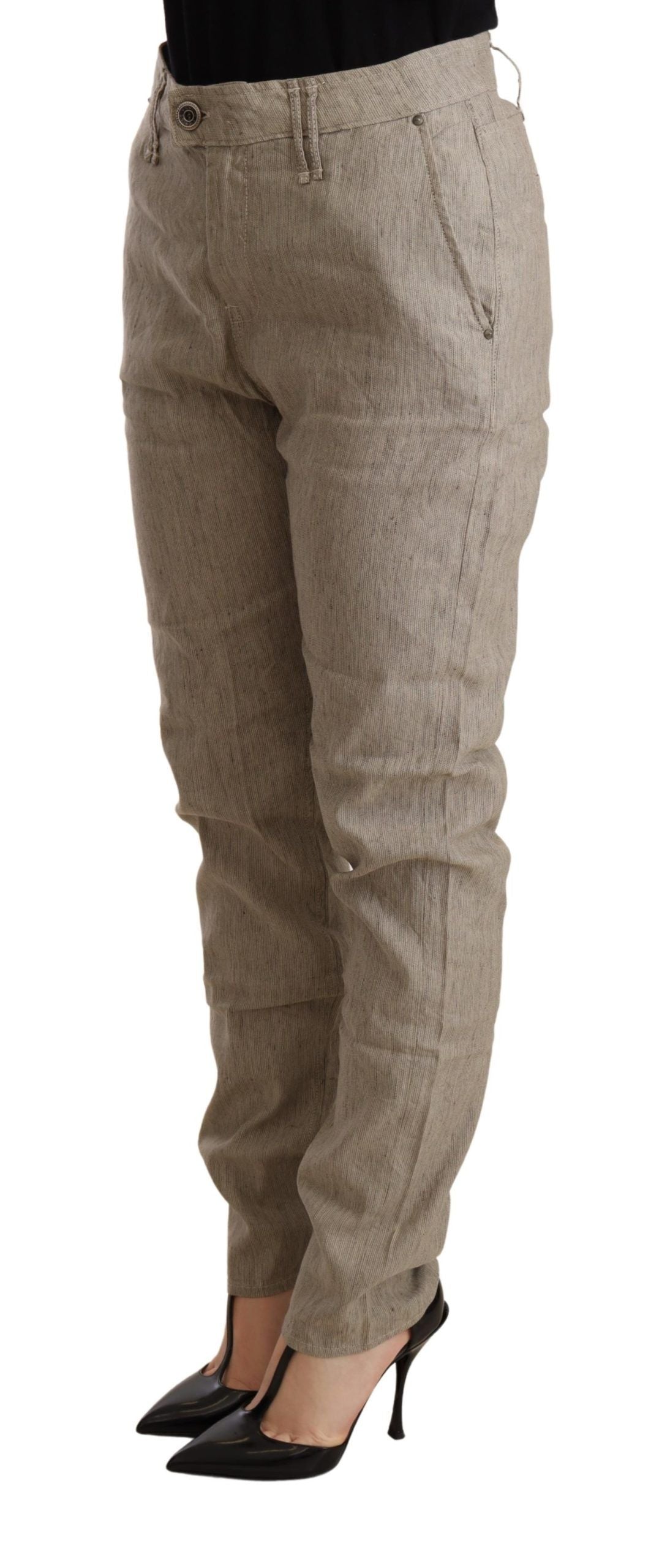 Beige Mid Waist Casual Baggy Stretch Trouser