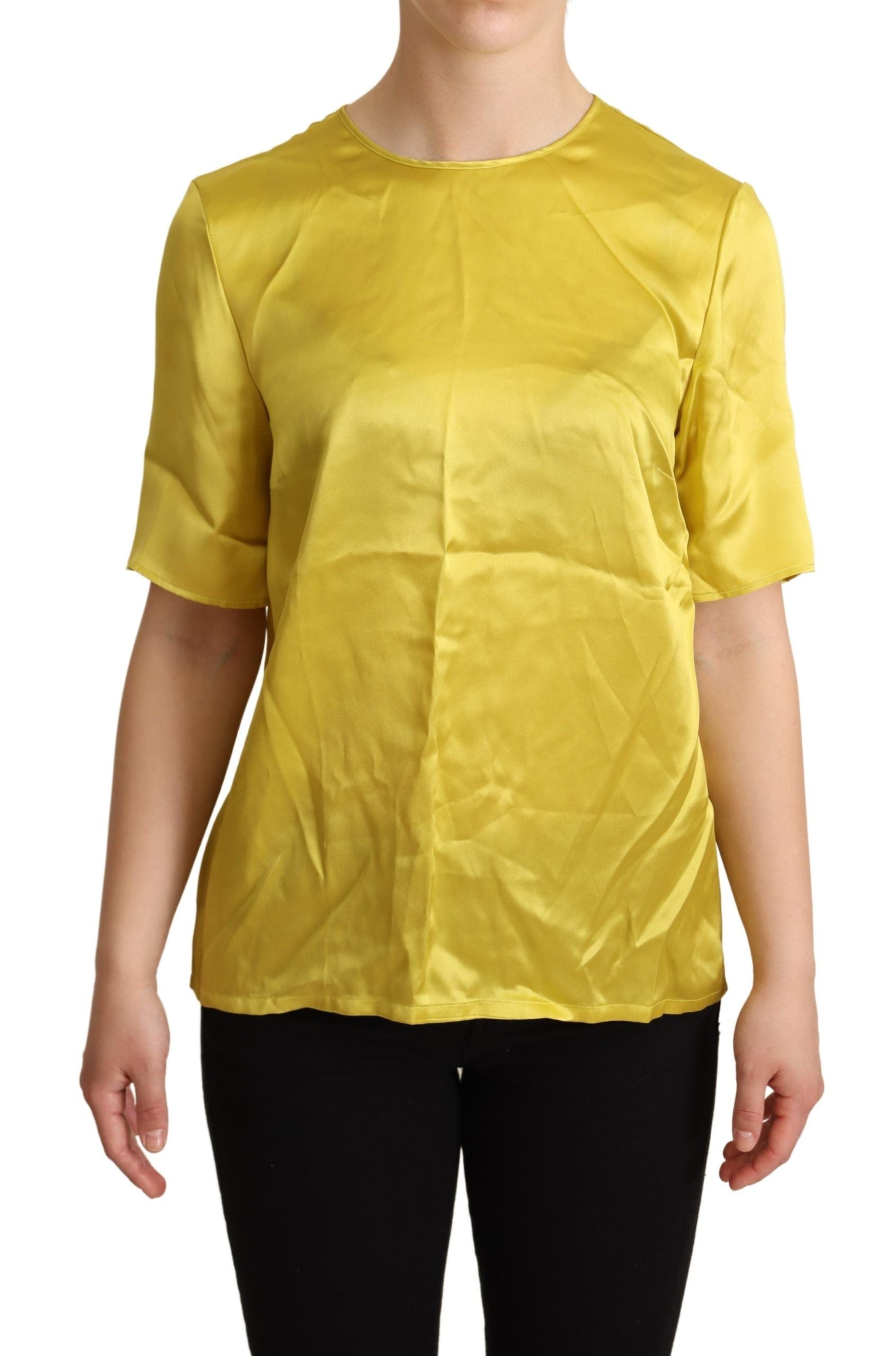 Elegant Silk Short Sleeve Blouse Top - Yellow