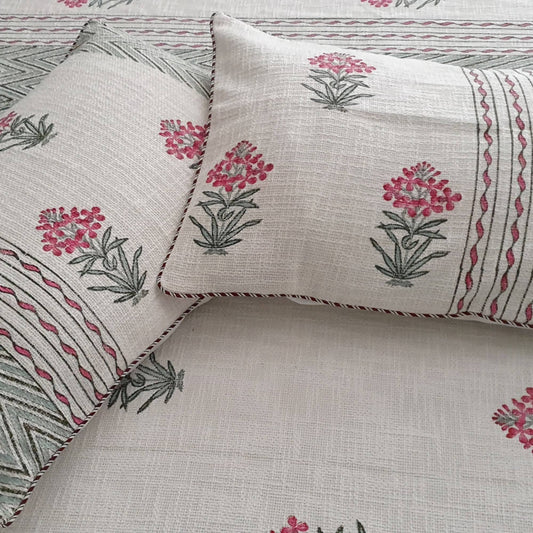 The Decor Nook Pink Floral With Zigzag Pattern Handloom Cotton Bedspread With Reversible Pillowcases by Distacart