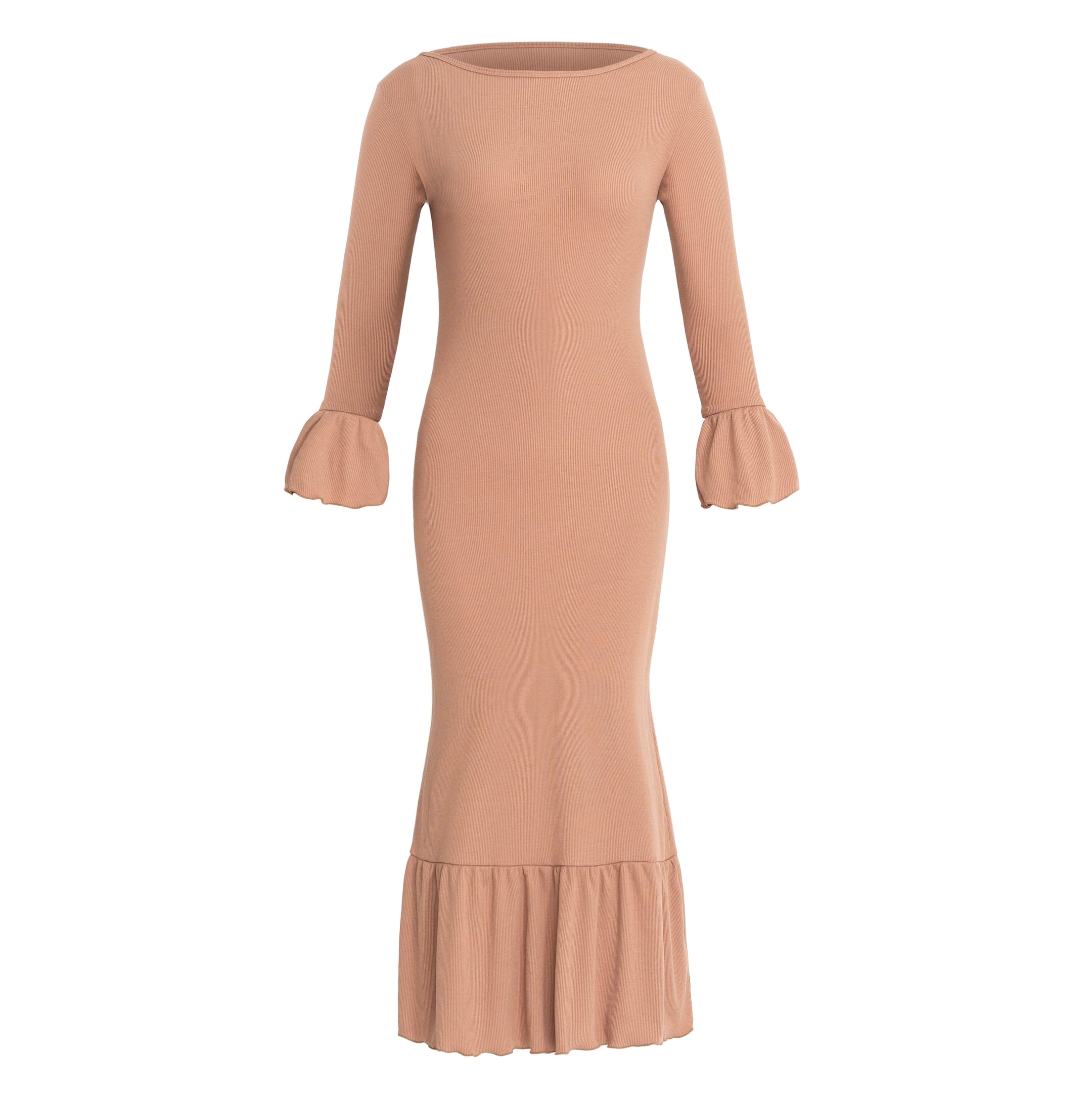 Buy MARJORIE Ruffle Rib Dress, in Camel Brown by BrunnaCo