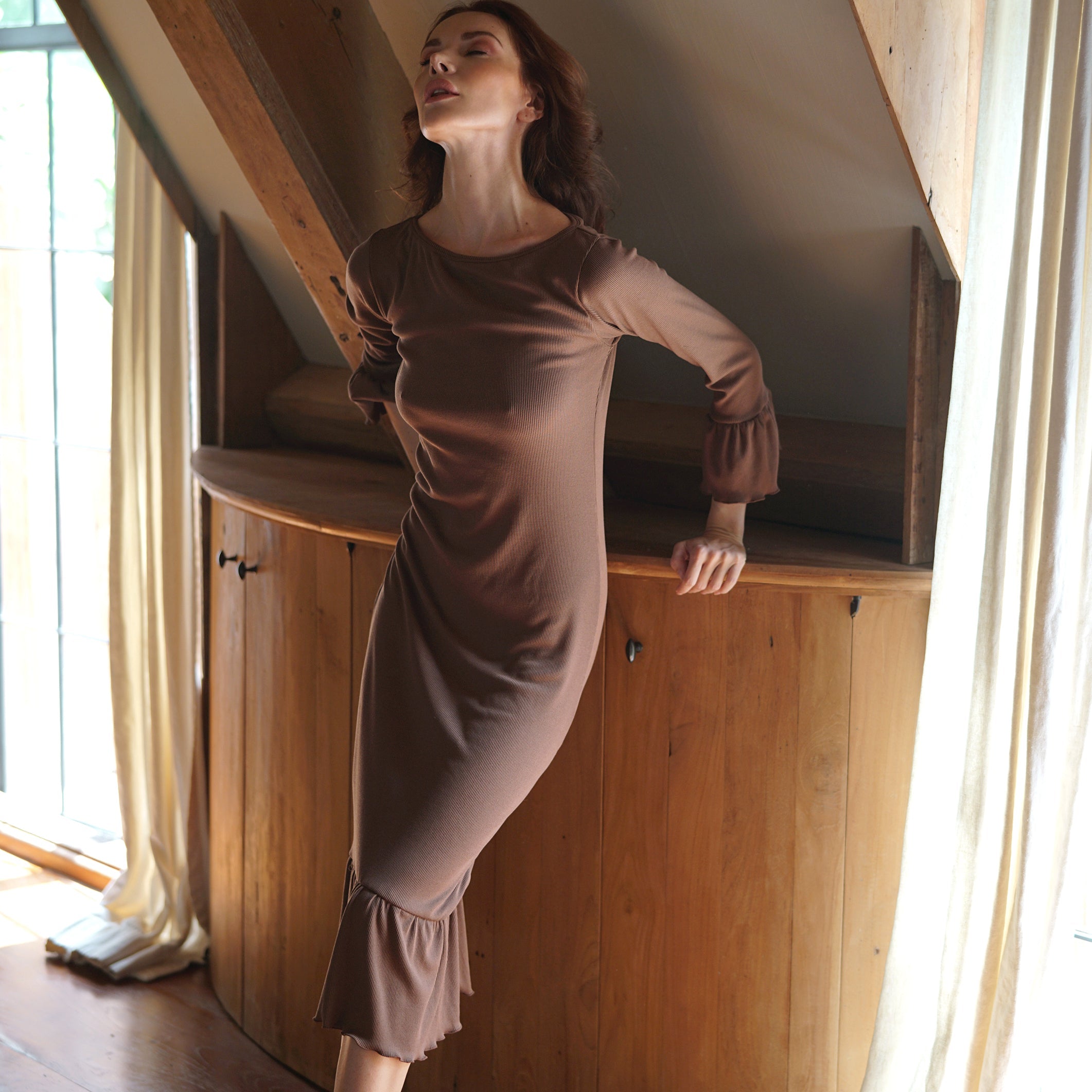 Buy MARJORIE Ruffle Rib Dress, in Dark Brown by BrunnaCo