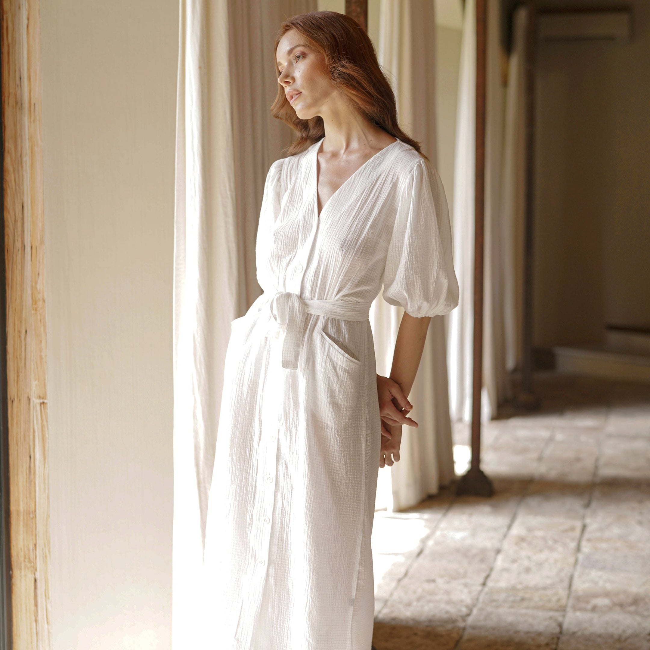 Buy Meghan Crinkle Midi Dress, in Off-White by BrunnaCo