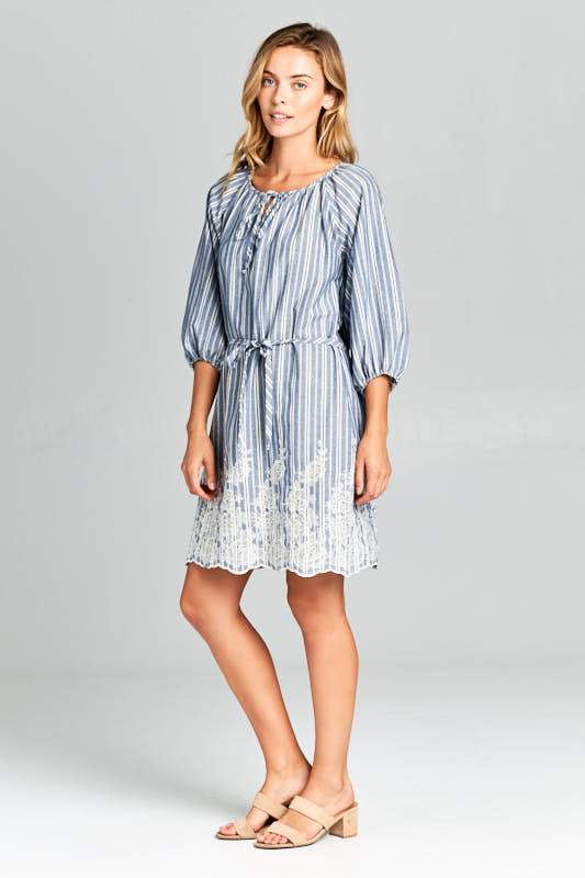 Buy Denim Blue Embroidered Dress with Tie by Tan Hephaestus