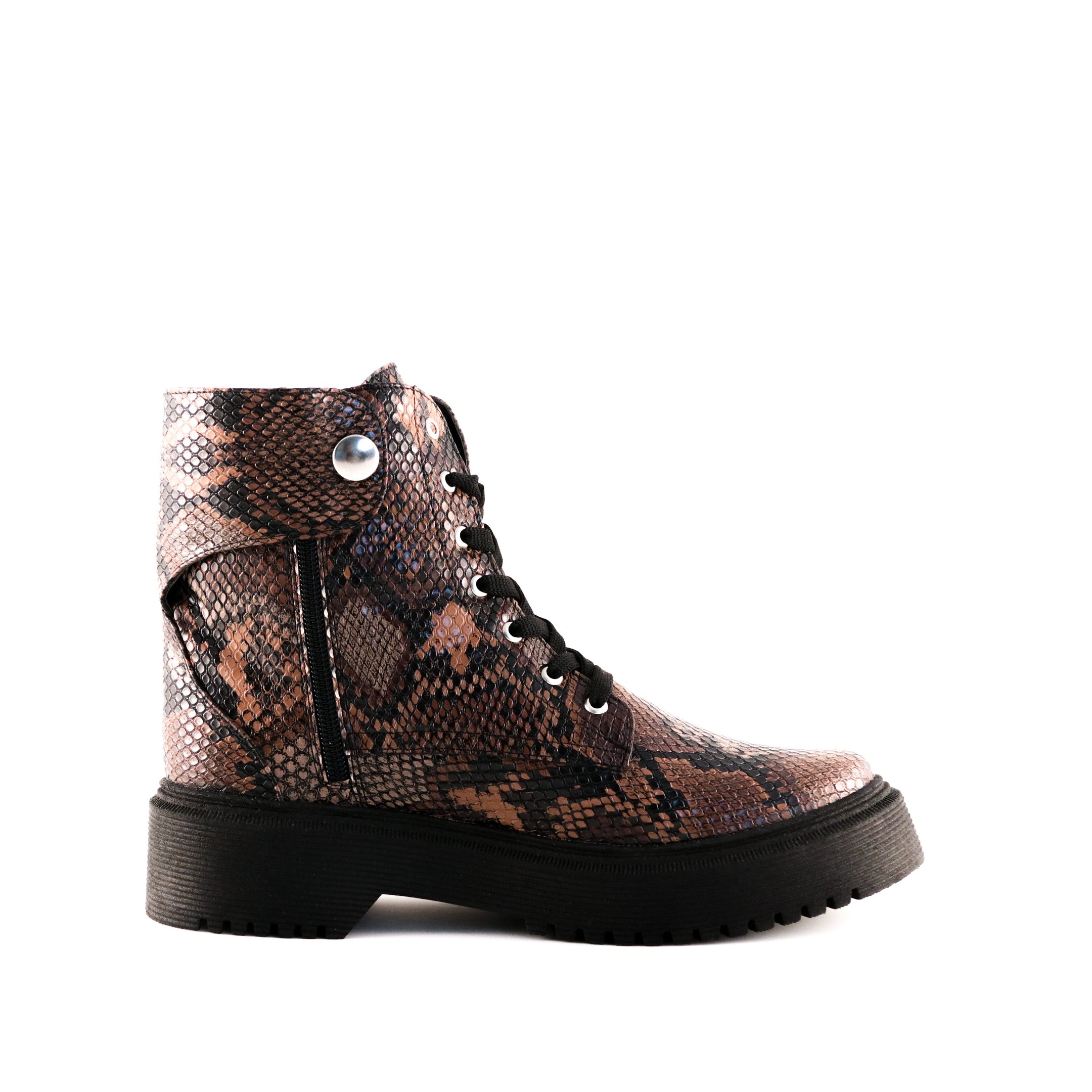 Buy Women's Runaway Combat Boots Brown Snake by Nest Shoes