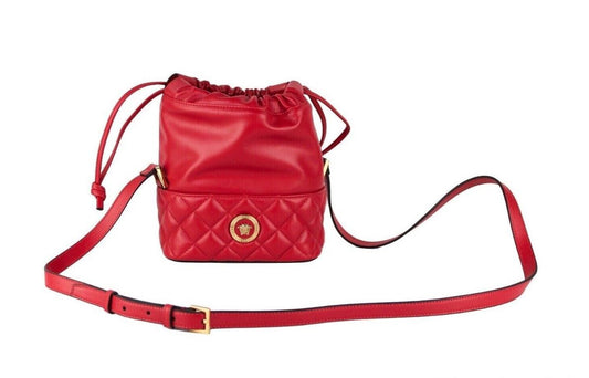 Red Quilted Leather Drawstring Shoulder Bag Bucket Crossbody