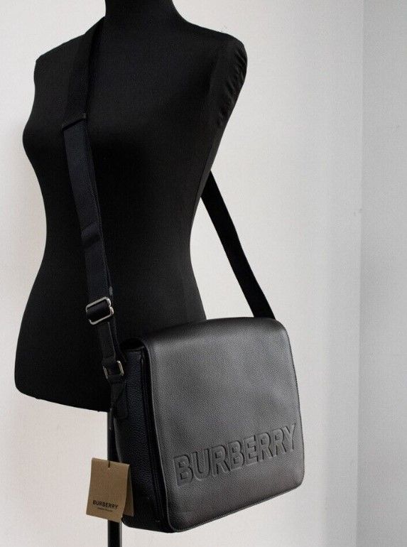 Bruno Small Black Embossed Branded Pebble Leather Messenger Handbag