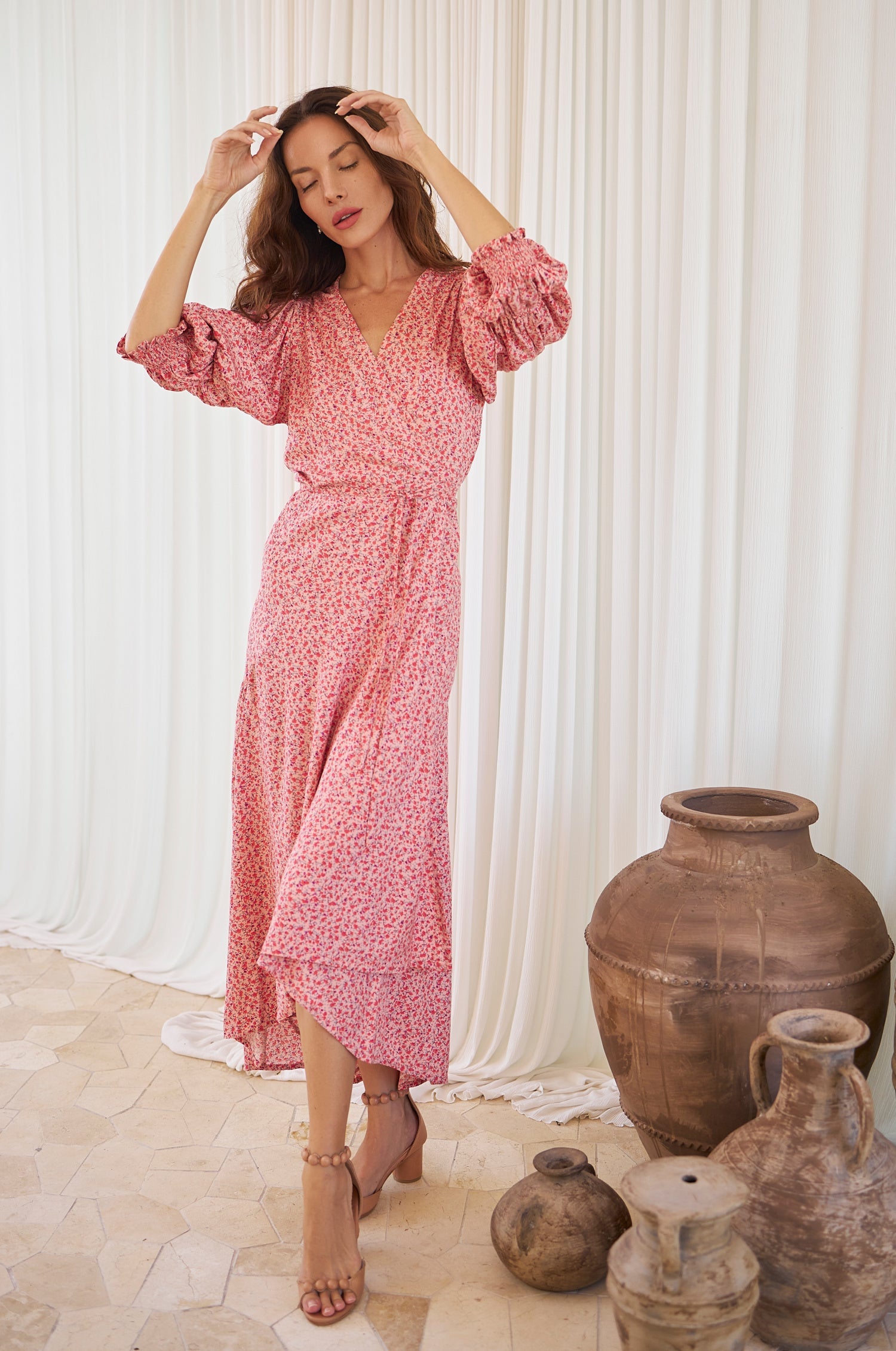 Buy Set Sail Puff Sleeve Wrap Cotton Dress by ELF