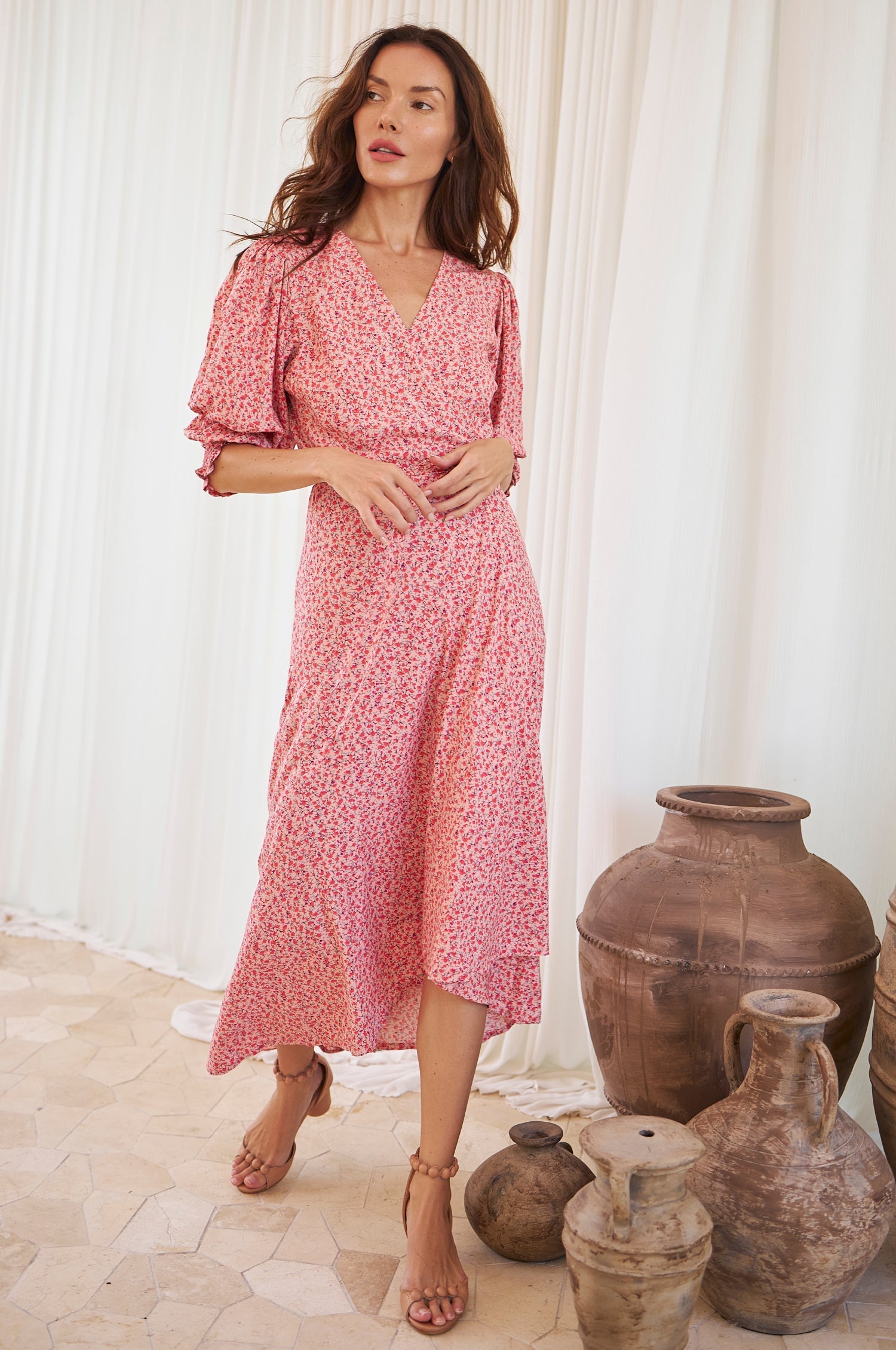 Buy Set Sail Puff Sleeve Wrap Cotton Dress by ELF