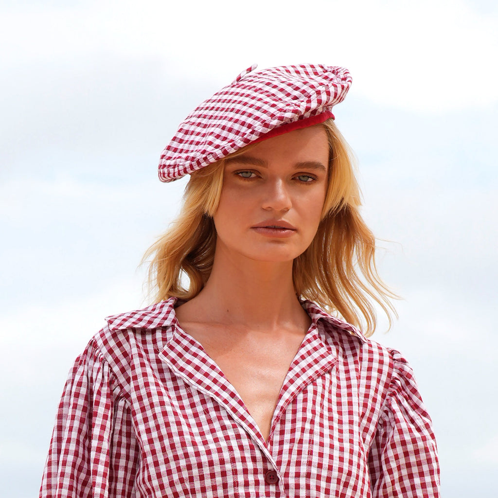 Buy SIMONE Gingham Beret Hat, in Red by BrunnaCo