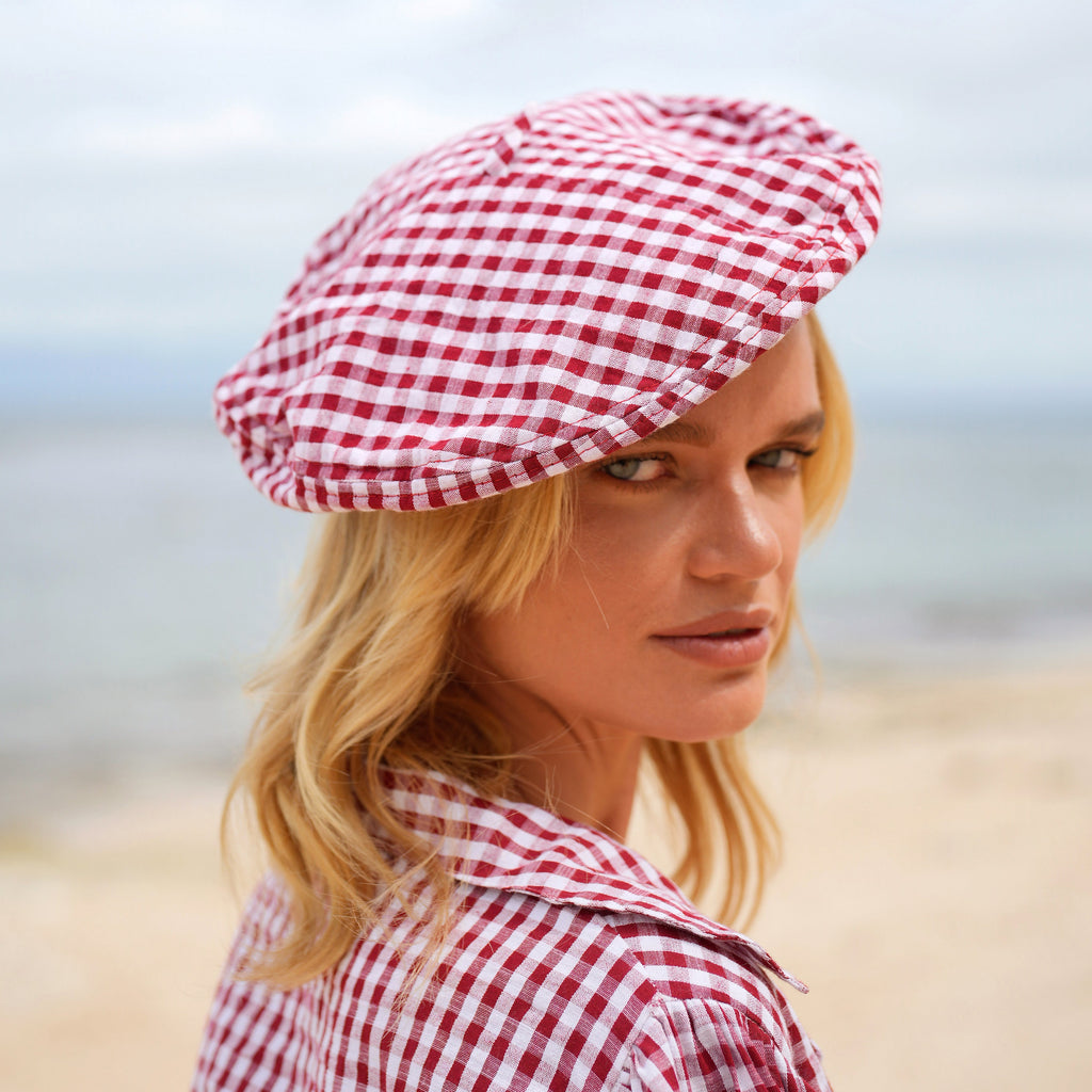 Buy SIMONE Gingham Beret Hat, in Red by BrunnaCo
