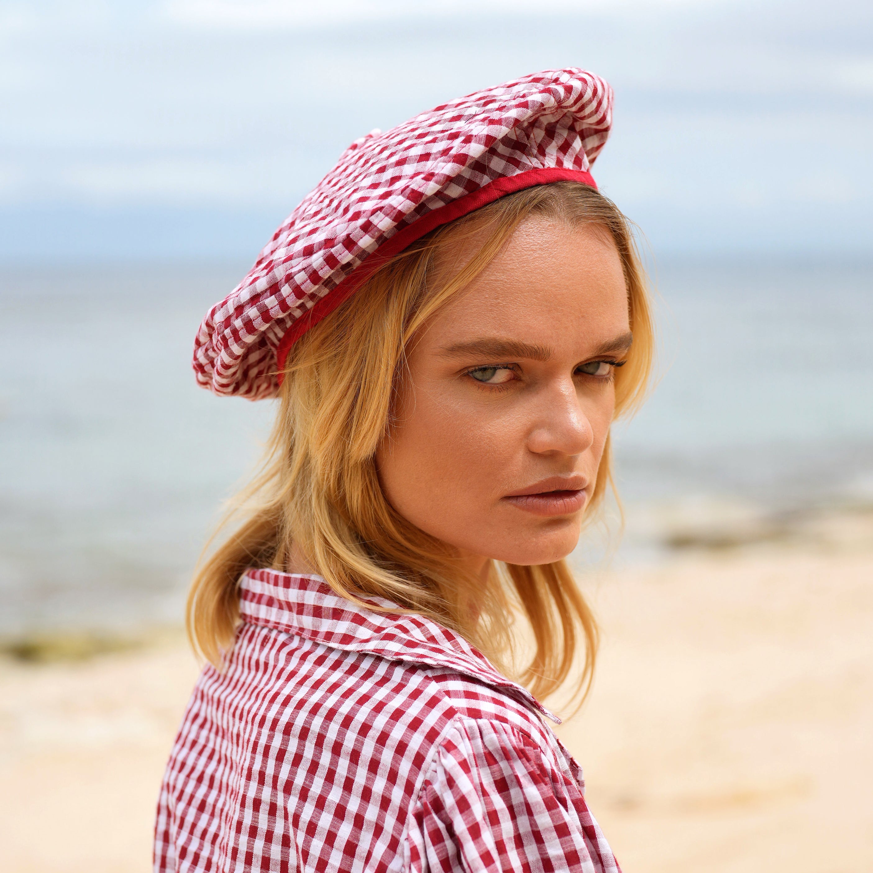 Buy SIMONE Gingham Beret Hat, in Red by BrunnaCo