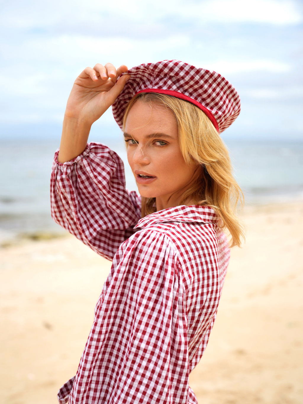 Buy SIMONE Gingham Beret Hat, in Red by BrunnaCo
