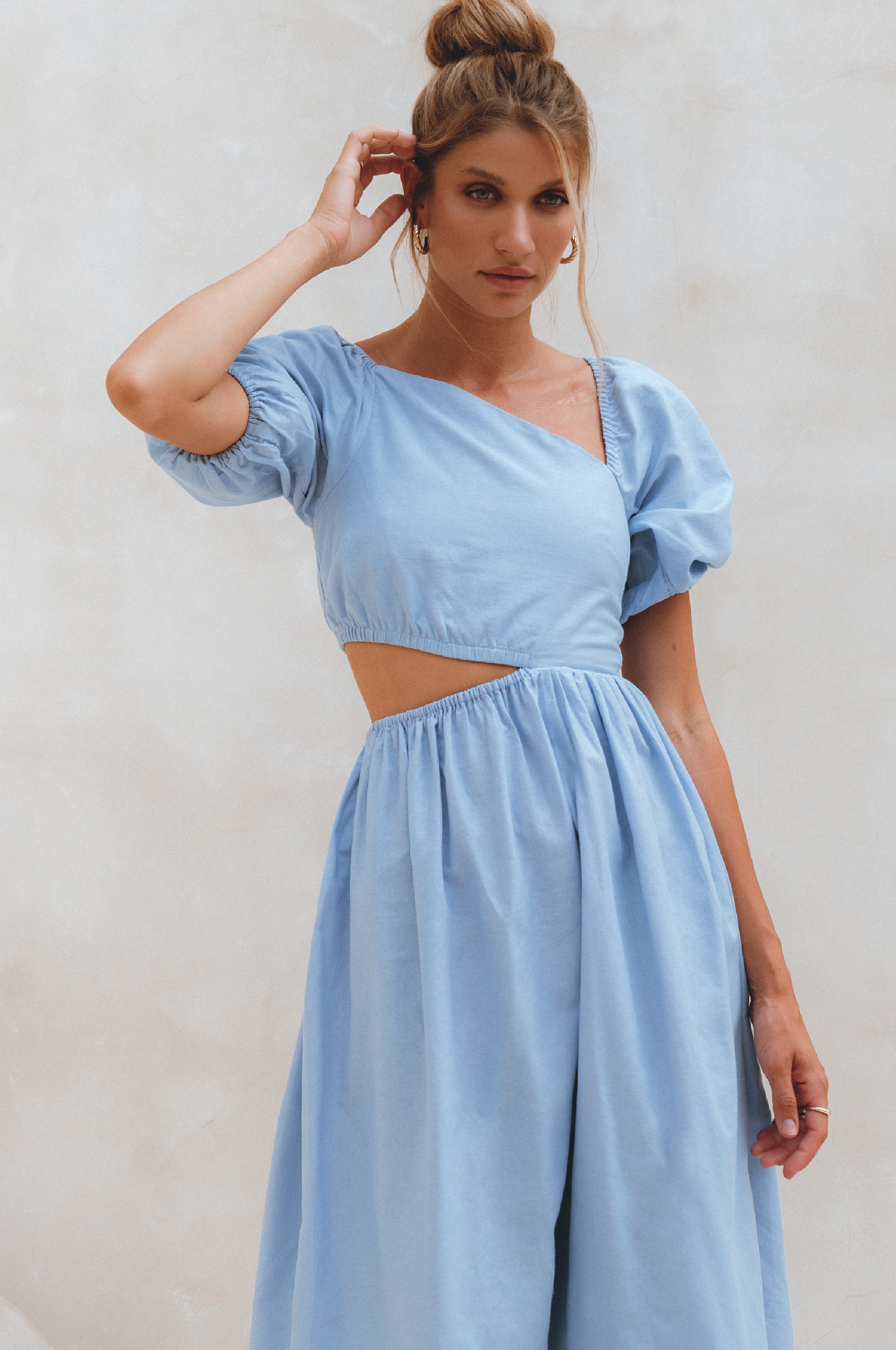 Buy Sundaze Cutout Linen Midi Dress by ELF