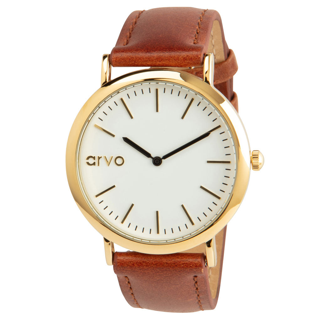 Arvo White Time Sawyer Watch - Gold - Brown Leather