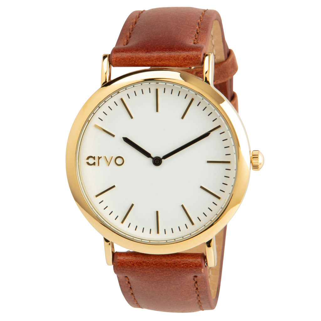Buy Arvo White Time Sawyer Watch - Gold - Brown Leather by Arvo