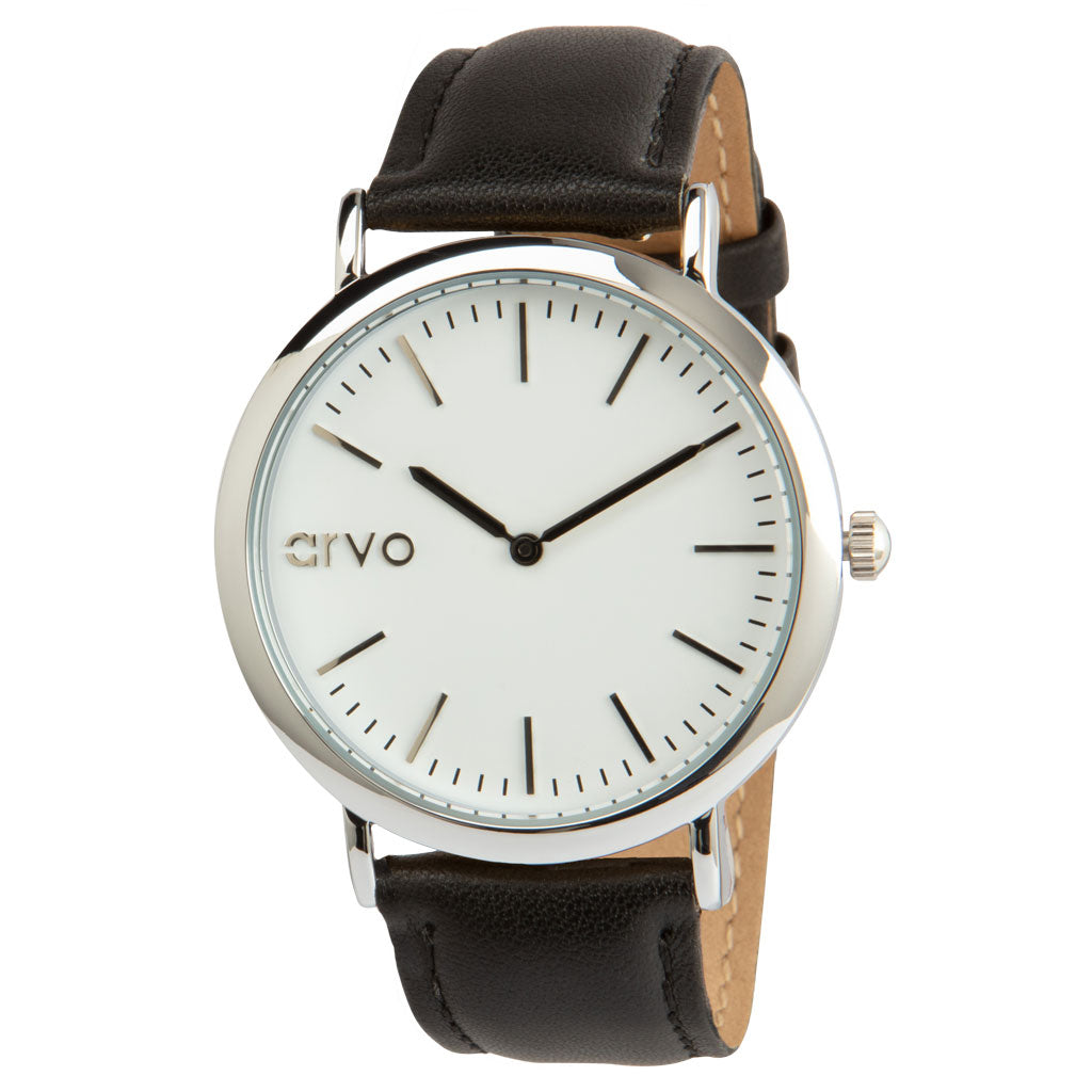 Arvo White Time Sawyer Watch - Silver - Black Leather