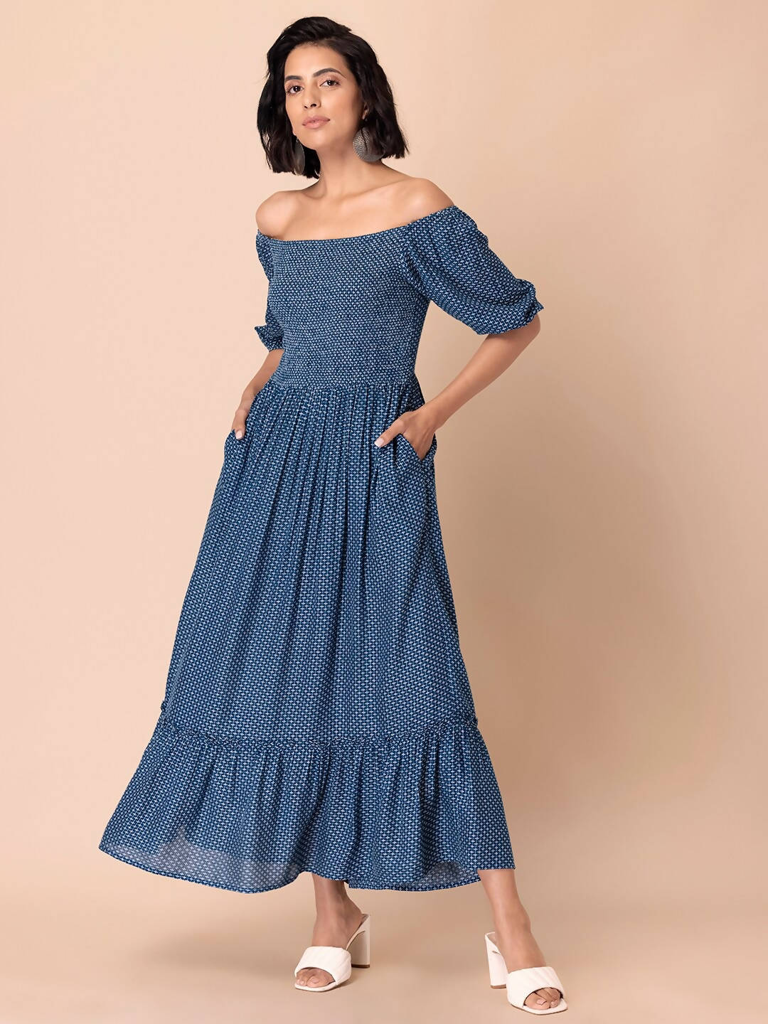 Indya Blue Off-Shoulder Ethnic Maxi Dress