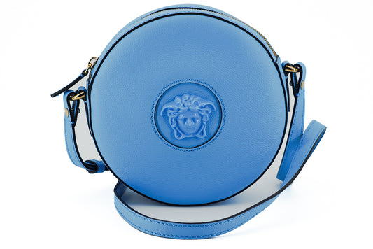 Blue Calf Leather Round Disco Shoulder Bag