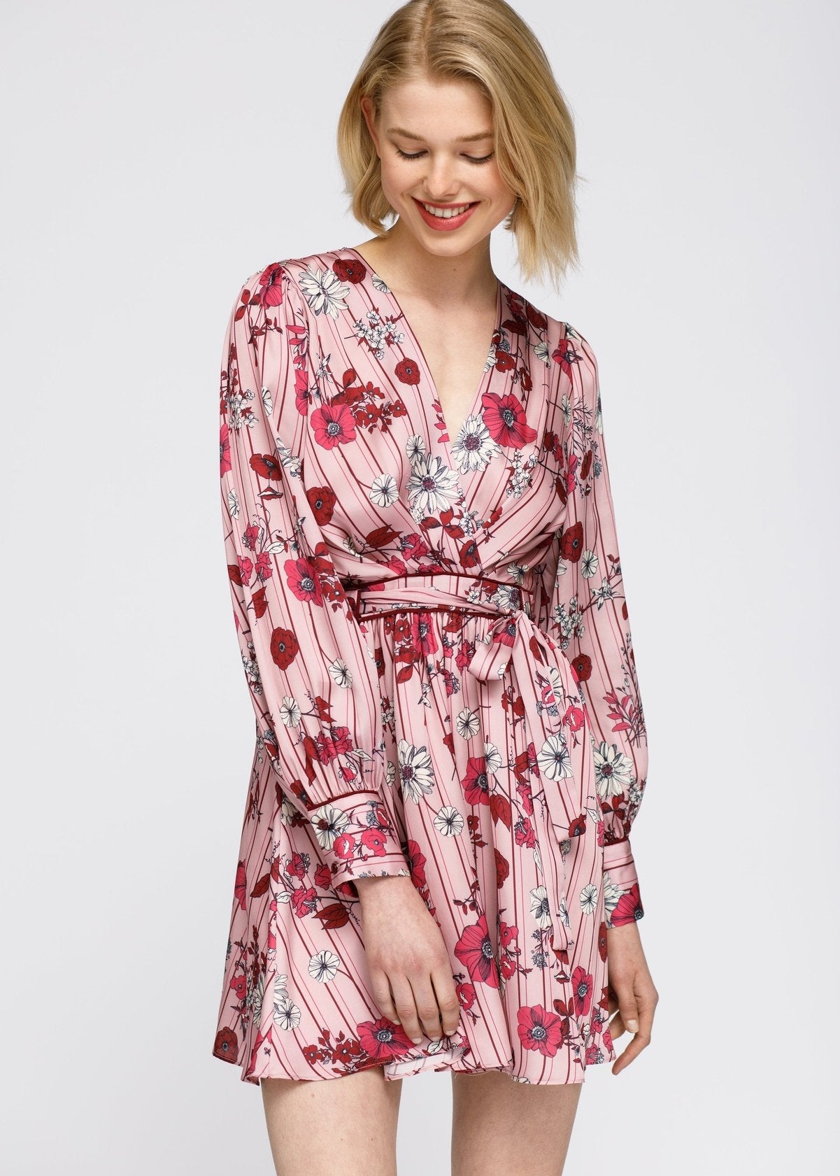 Pajama floral Satin Wrap Front Flared Dress
