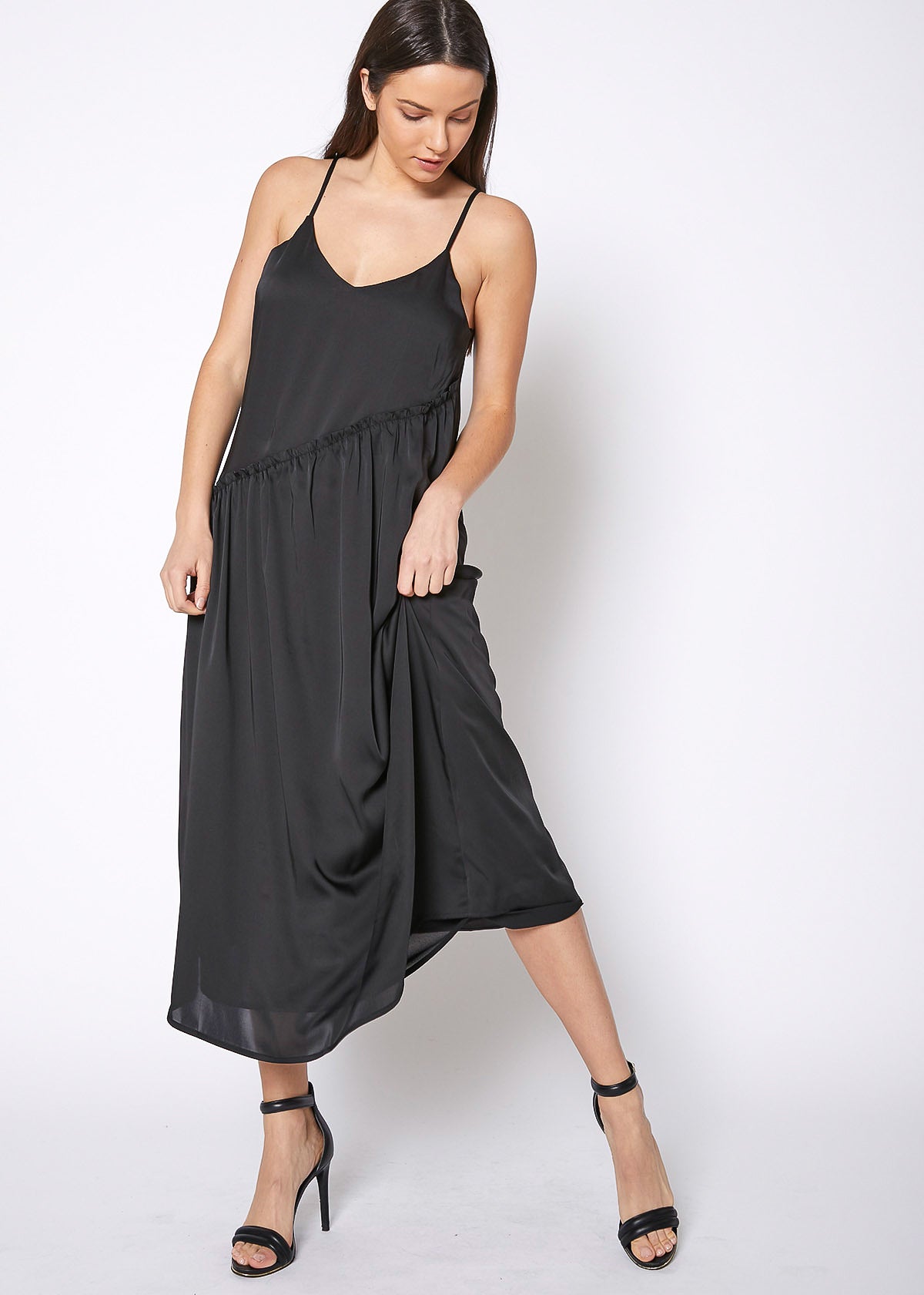 Diagonal Patched Spaghetti Strap Maxi Dress In Black