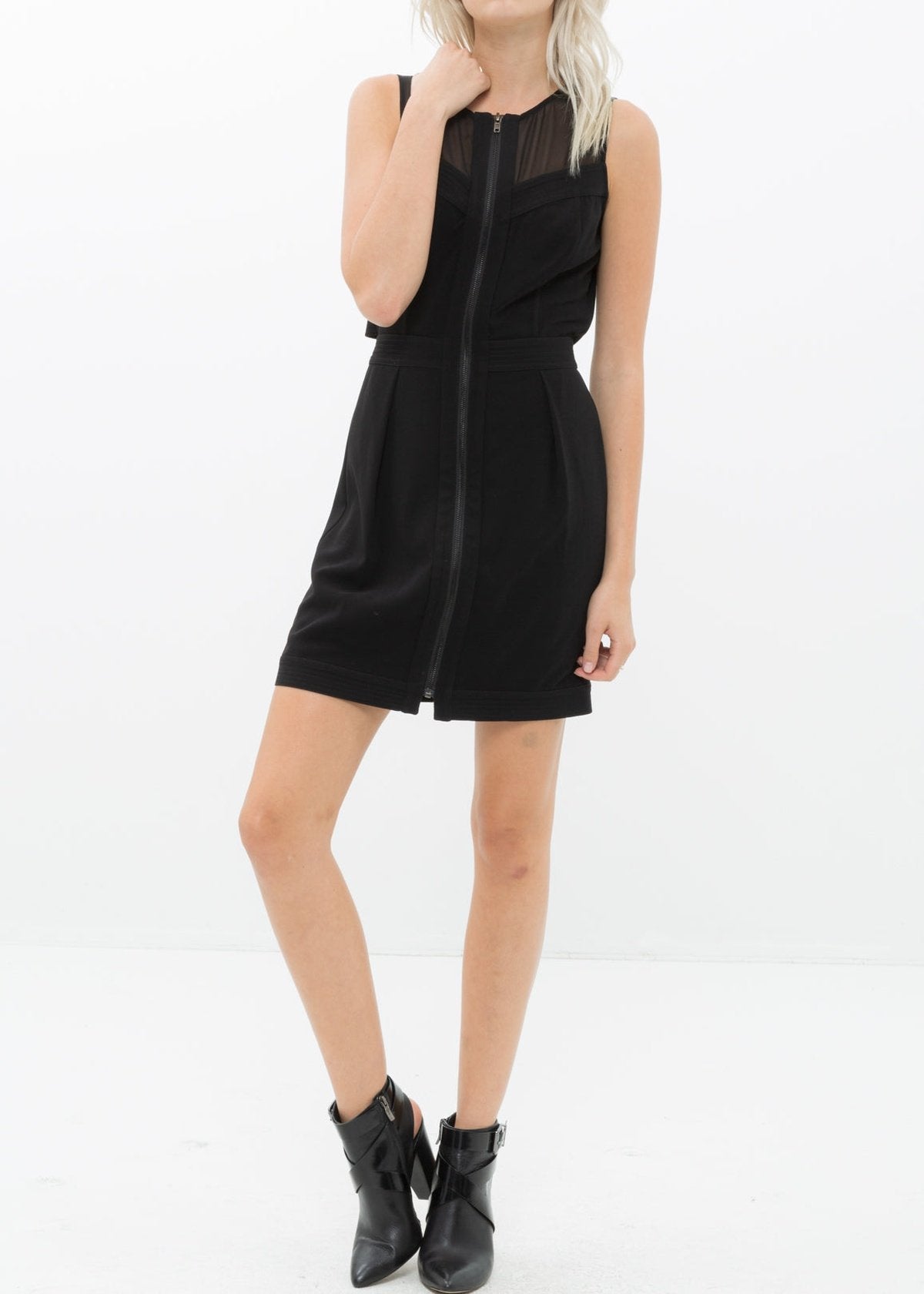 Sleeveless Mesh Front Zipper Dress