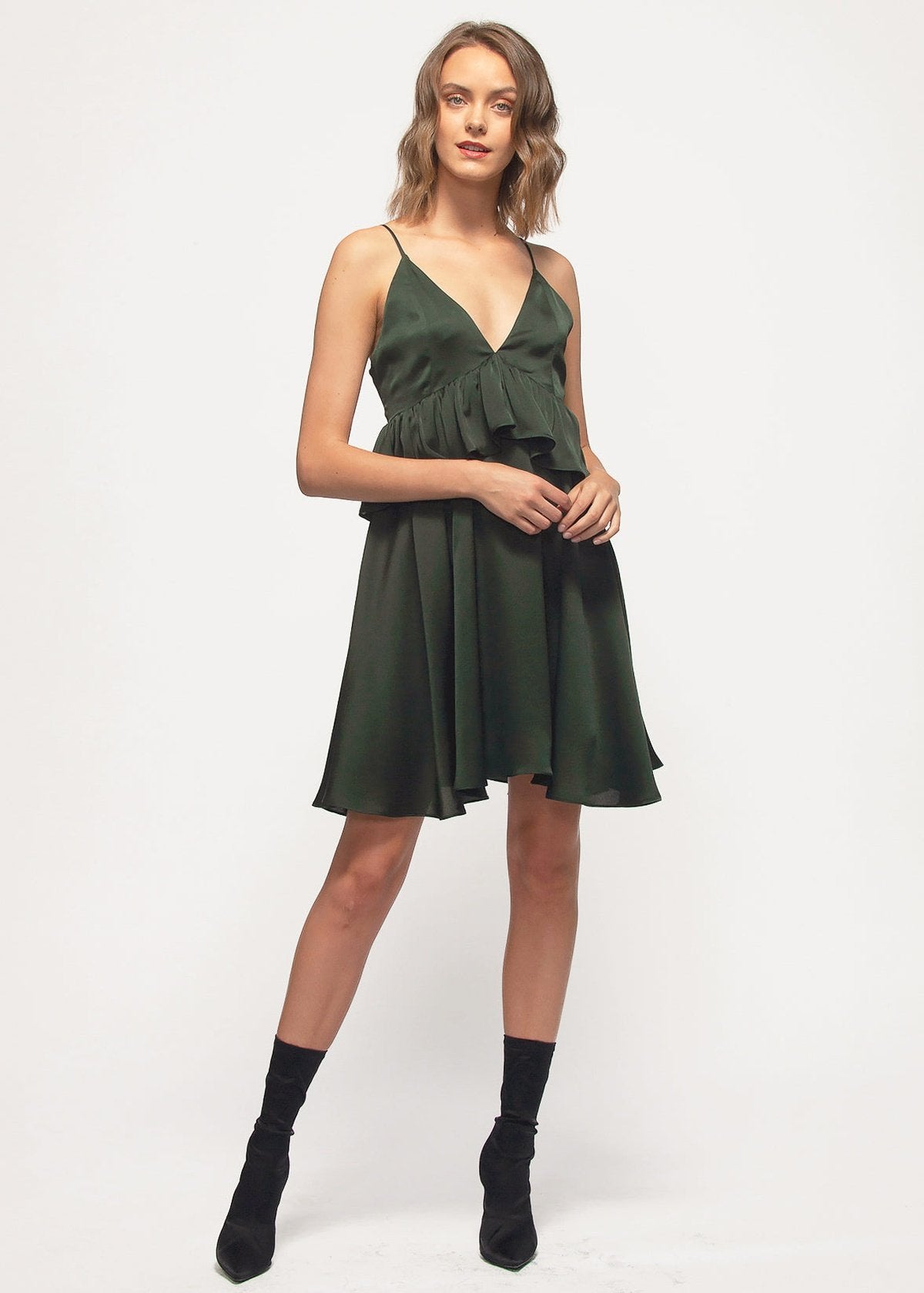 Deep V-neck Ruffle Baby Doll Dress In Hunter Green