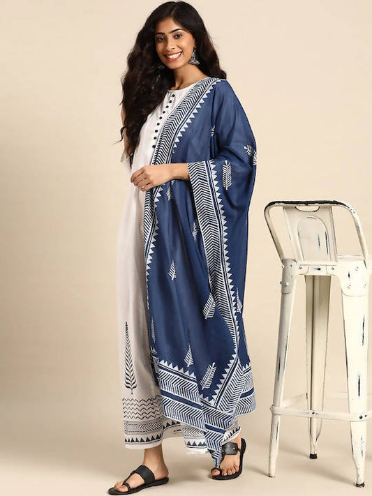 Varanga White Geometric Printed Maxi Dress With Dupatta