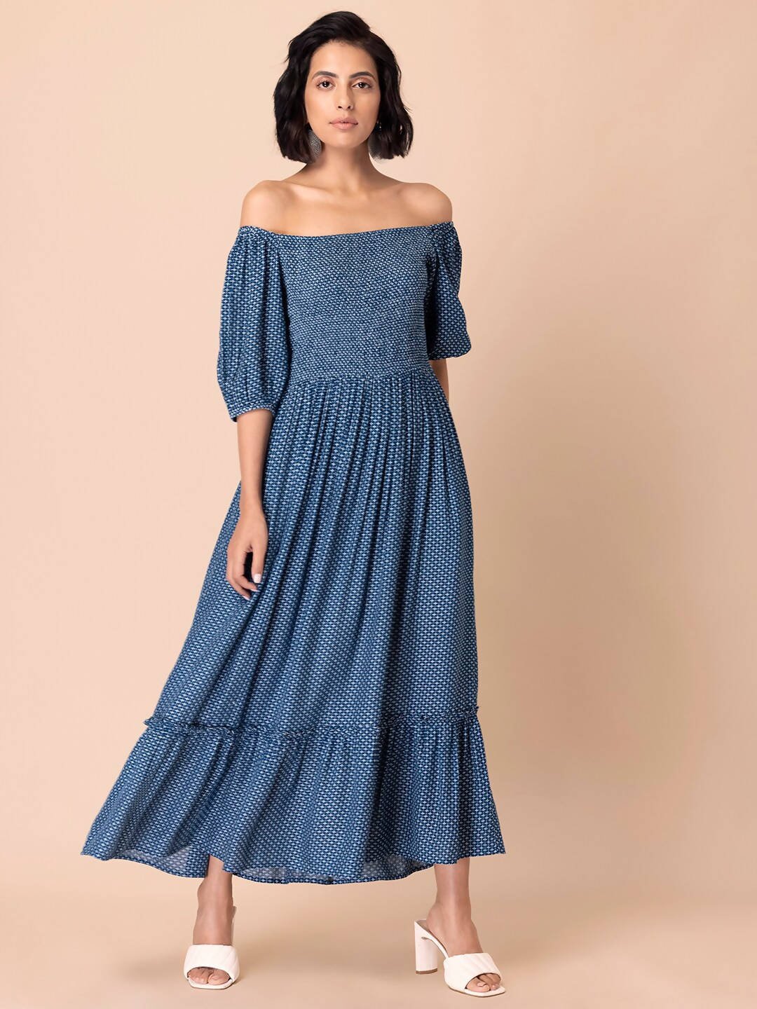 Buy Indya Blue Off-Shoulder Ethnic Maxi Dress by Distacart