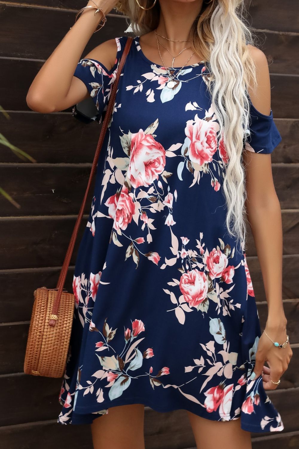 Buy Floral Round Neck Cold-Shoulder Dress by Putica