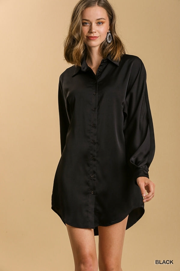 Buy Satin Collar Button Down Long Sleeve Tunic Dress by Sensual Fashion Boutique