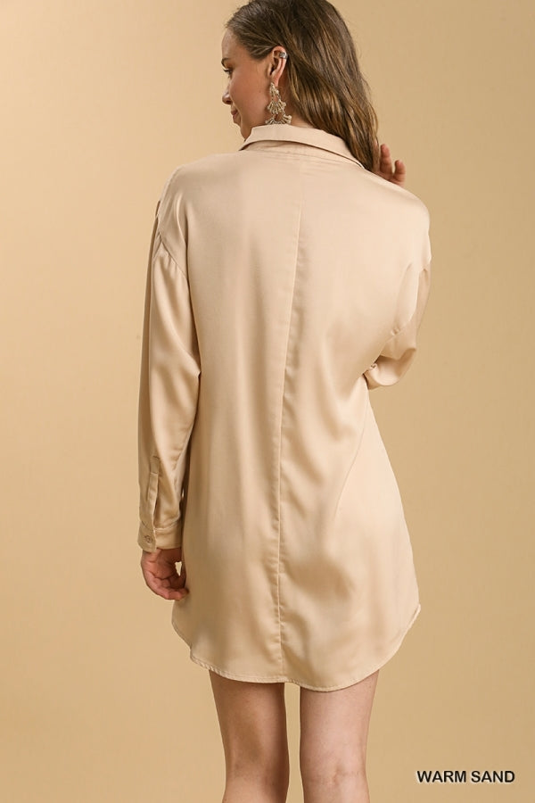 Buy Satin Collar Button Down Long Sleeve Tunic Dress by Sensual Fashion Boutique