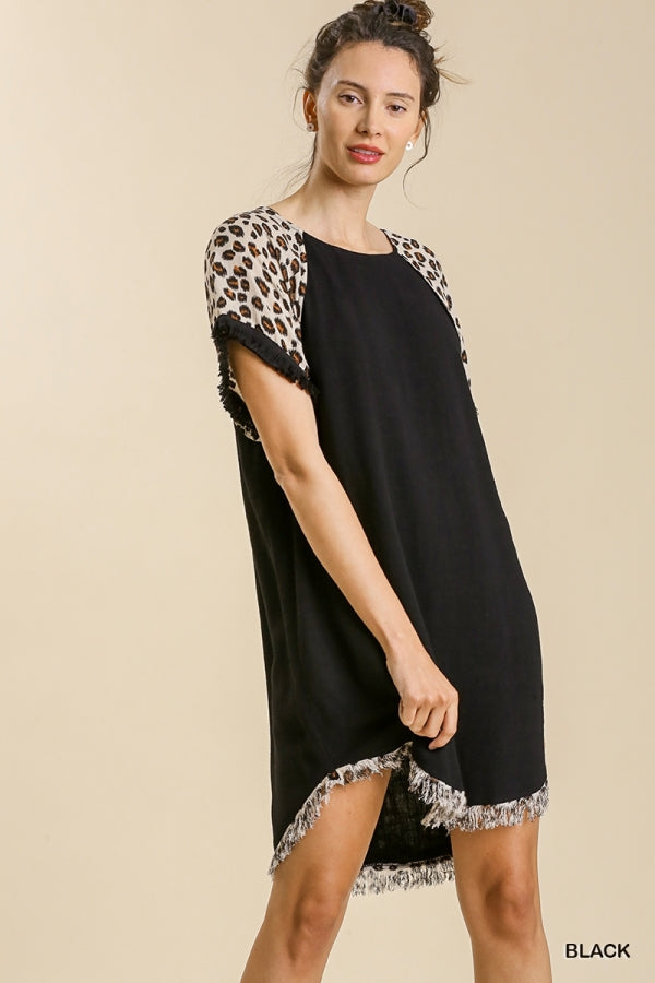 Buy Linen Blend Animal Print Short Sleeve Frayed Hem Dress by Sensual Fashion Boutique