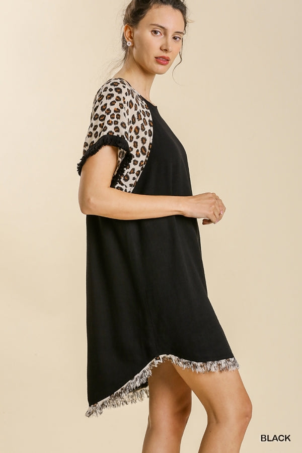 Buy Linen Blend Animal Print Short Sleeve Frayed Hem Dress by Sensual Fashion Boutique