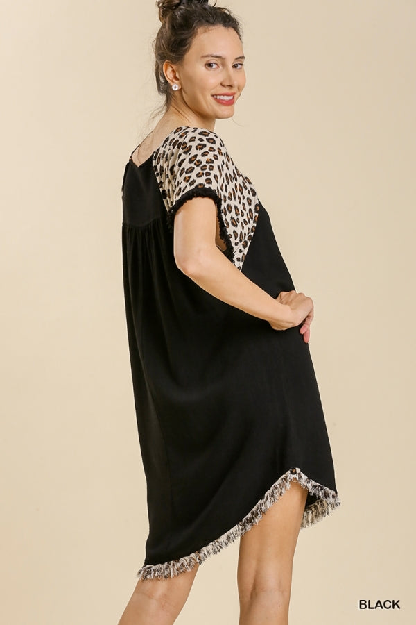 Buy Linen Blend Animal Print Short Sleeve Frayed Hem Dress by Sensual Fashion Boutique