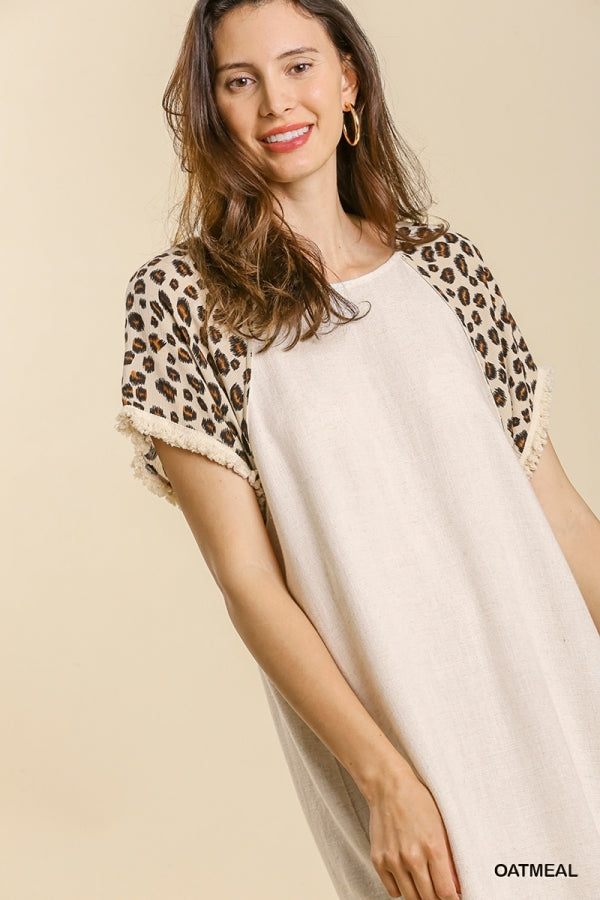 Buy Linen Blend Animal Print Short Sleeve Frayed Hem Dress by Sensual Fashion Boutique