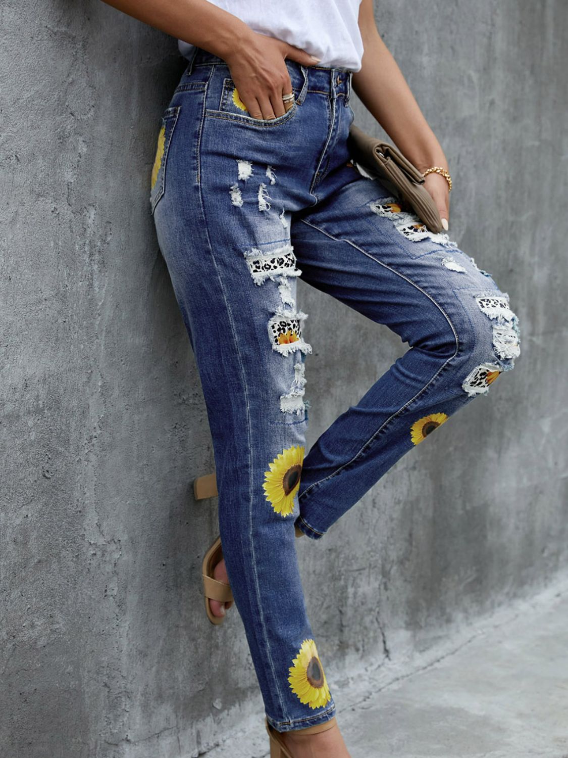 Buy Leopard Patchwork Sunflower Print Distressed High Waist Jeans by Faz