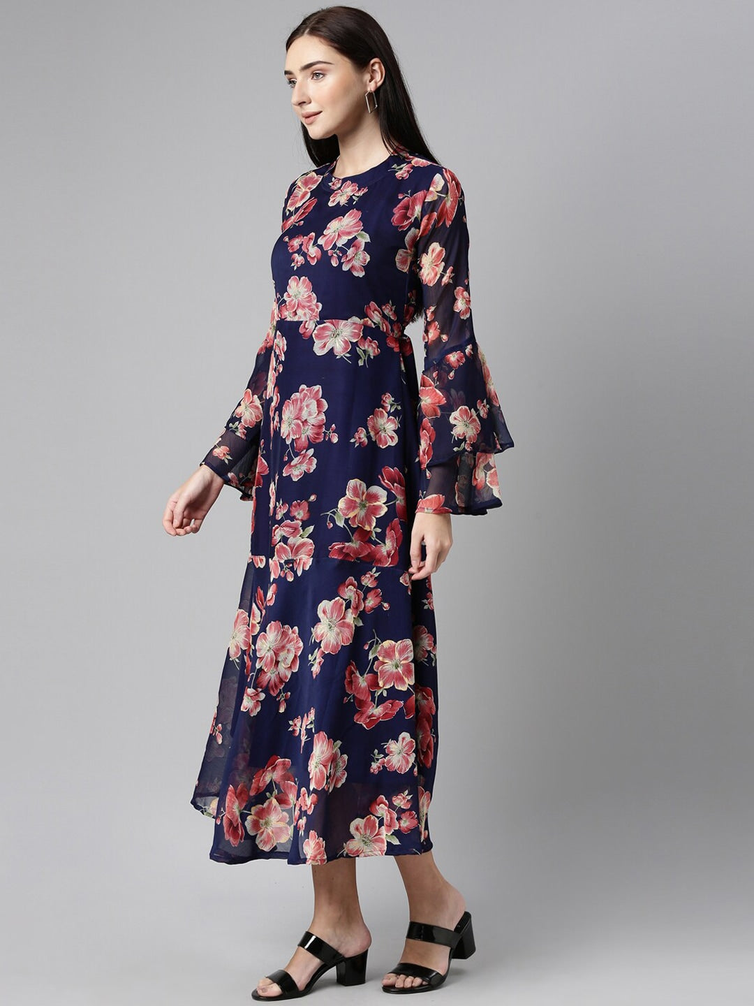 Buy Souchii Navy Blue Floral Chiffon Midi Dress by Distacart