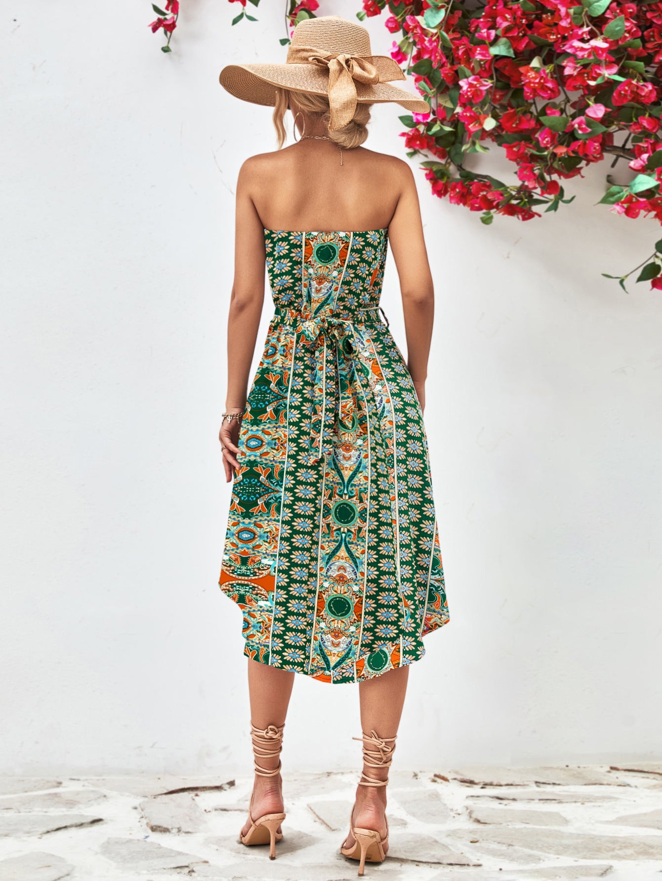 Buy Printed Strapless Tie Belt Dress by YO