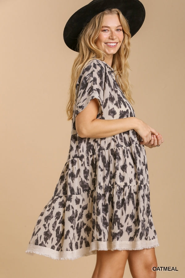 Buy Animal Print Collared Split Neck Tiered Dress with Frayed Hem by Sensual Fashion Boutique