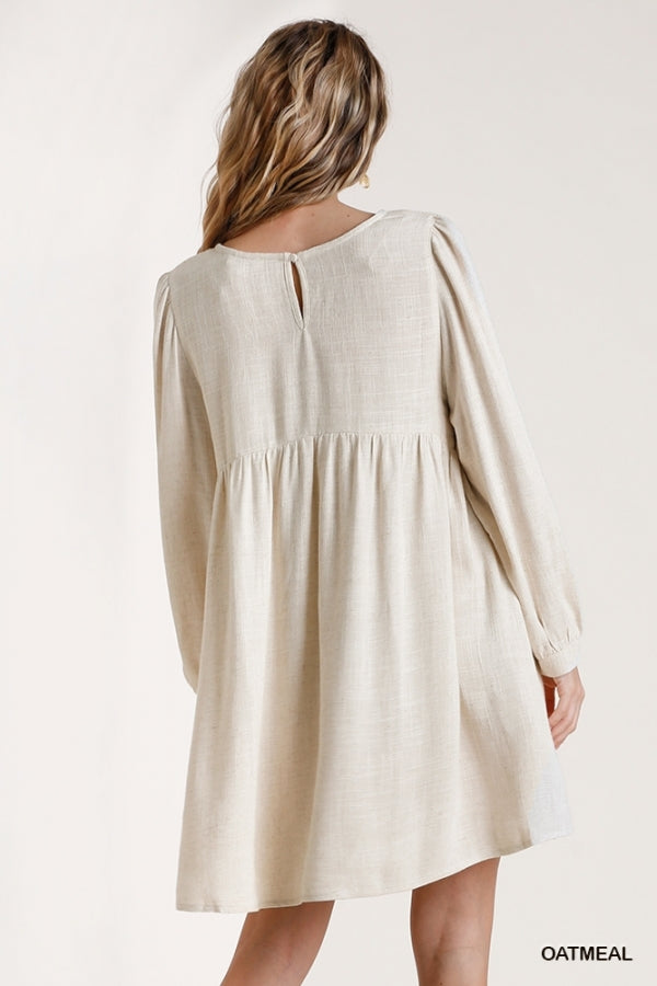 Buy Linen Blend Round Neck Long Sleeve Back Babydoll Dress by Sensual Fashion Boutique