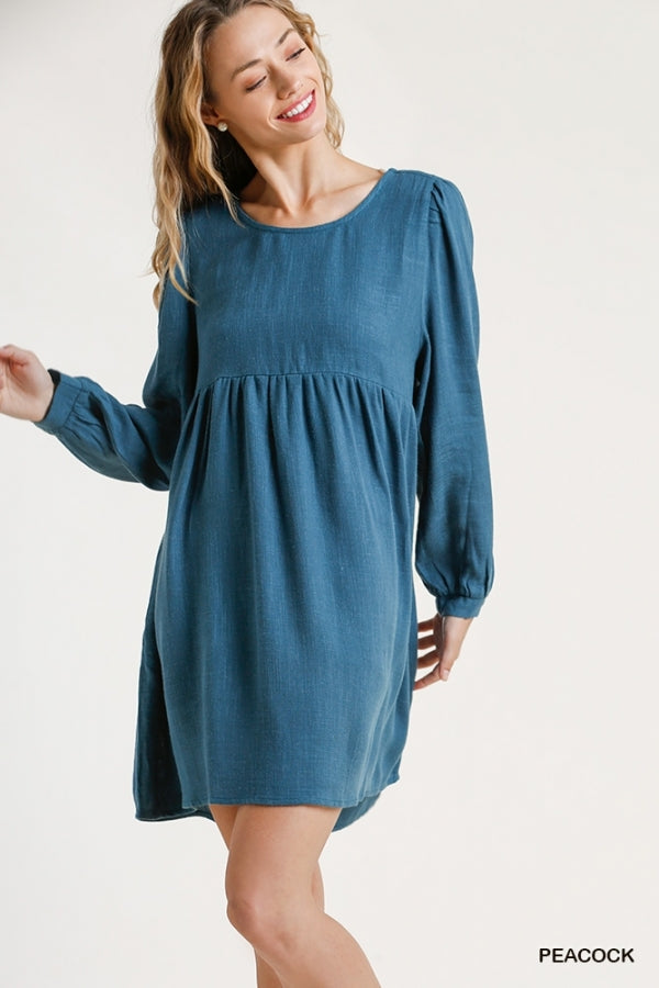 Buy Linen Blend Round Neck Long Sleeve Back Babydoll Dress by Sensual Fashion Boutique