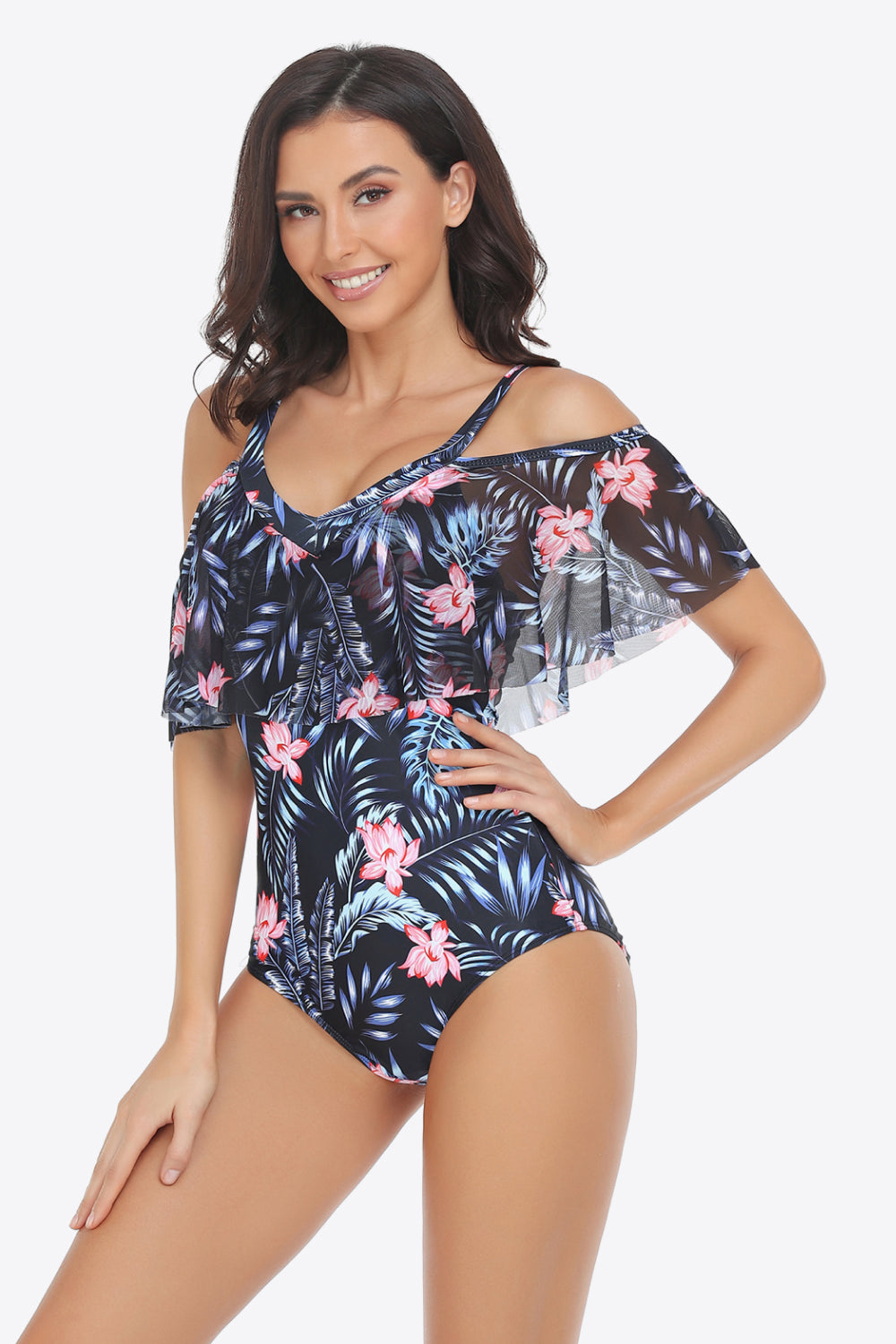 Buy Botanical Print Cold-Shoulder Layered One-Piece Swimsuit by Faz