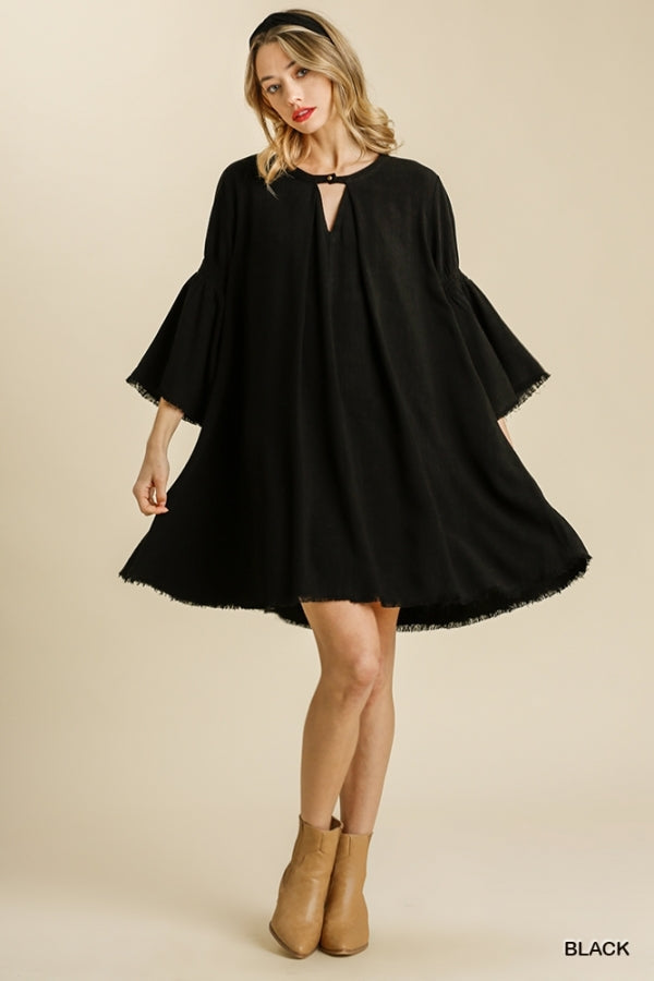 Buy Bell Sleeve Button Cut Out Collar Frayed Hem Dress by Sensual Fashion Boutique