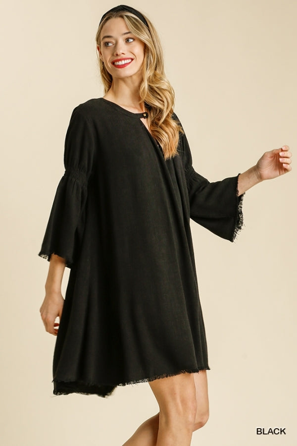 Buy Bell Sleeve Button Cut Out Collar Frayed Hem Dress by Sensual Fashion Boutique