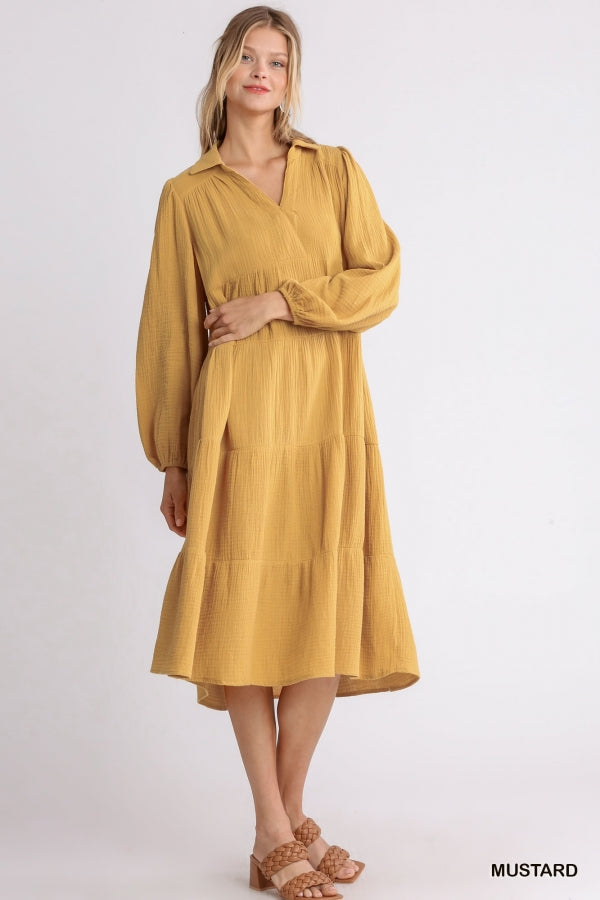 Buy Gauze Long Sleeve Collar Split Neck Tiered Maxi Dress by Sensual Fashion Boutique